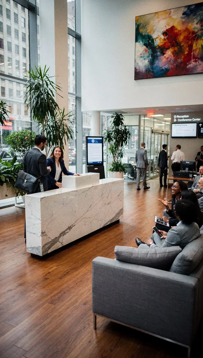 Przejrzysty układ biura z wyraźnie oznaczonymi ścieżkami komunikacyjnymi.